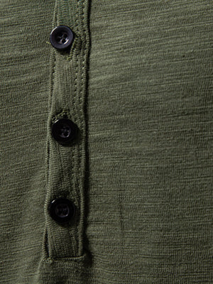 Men's Army Green Cotton Blend Button Placket T-Shirt with curved hem detail