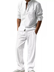 Men's white linen blend casual two-piece set with band collar shirt and loose pants.