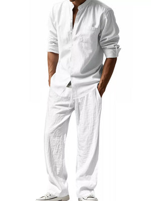 Men's white linen blend casual two-piece set with band collar shirt and loose pants.