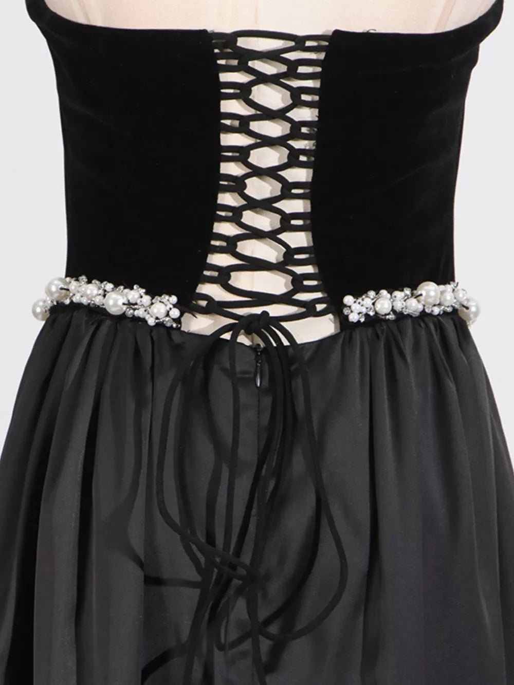 Lace Up Back Tube Maxi Dress in Black, fabric detail