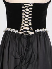 Lace Up Back Tube Maxi Dress in Black, fabric detail