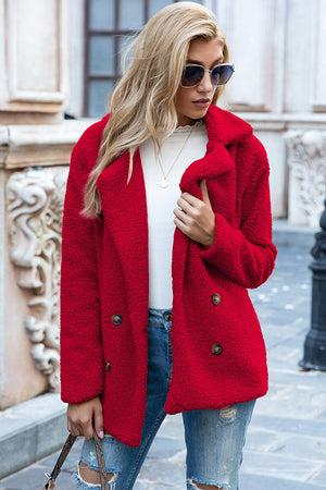 Deep Red teddy pea coat with double-breasted closure and notched lapels.