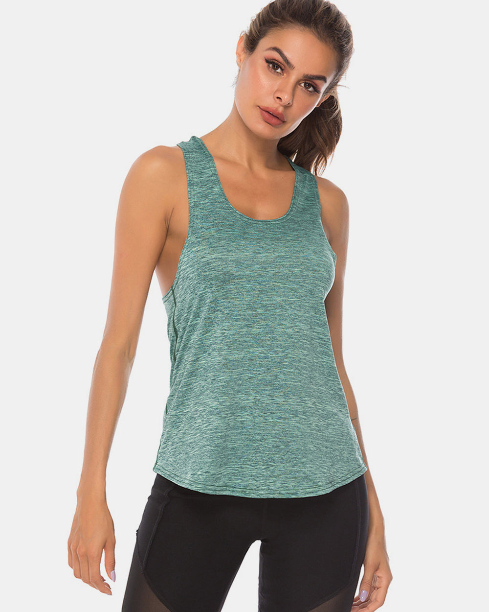 Racerback performance tank top in heathered aqua with a scoop neckline.