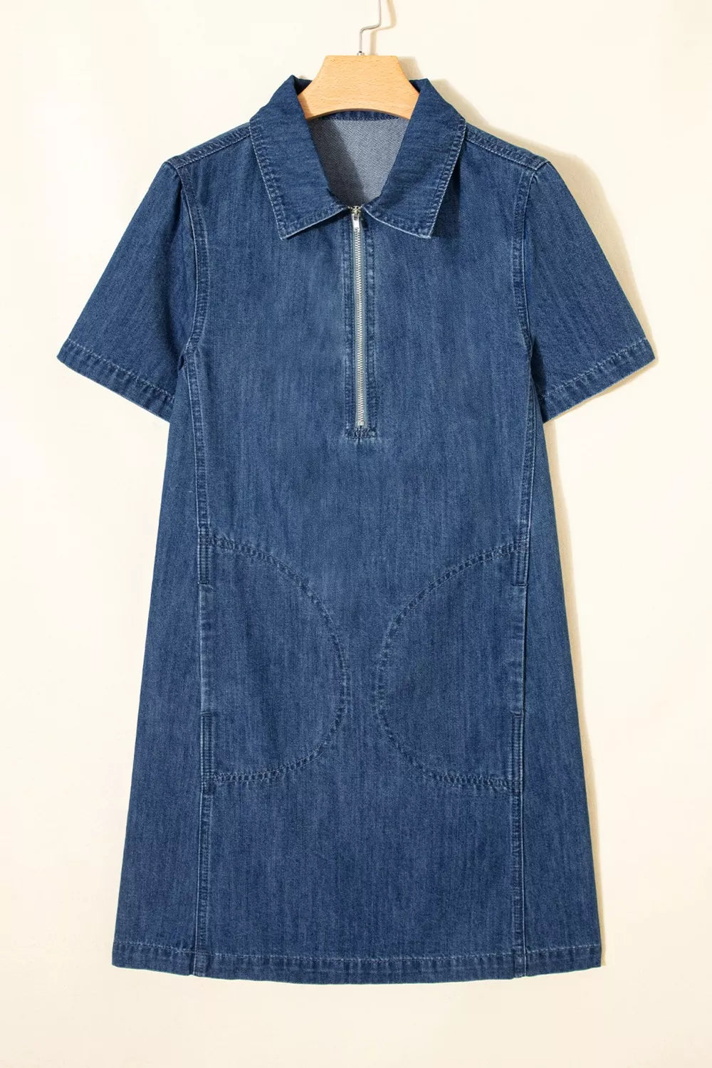 Denim shift dress with collar, short sleeves, and front zipper.