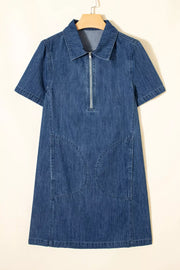 Denim shift dress with collar, short sleeves, and front zipper.