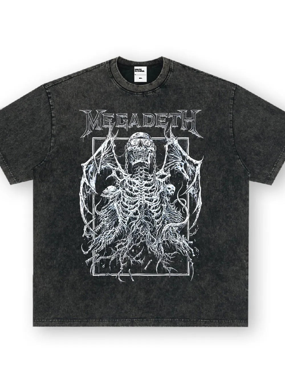 Dark gray vintage graphic tee with Megadeth skull and wings design, crew neck, short sleeves.