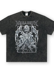Dark gray vintage graphic tee with Megadeth skull and wings design, crew neck, short sleeves.
