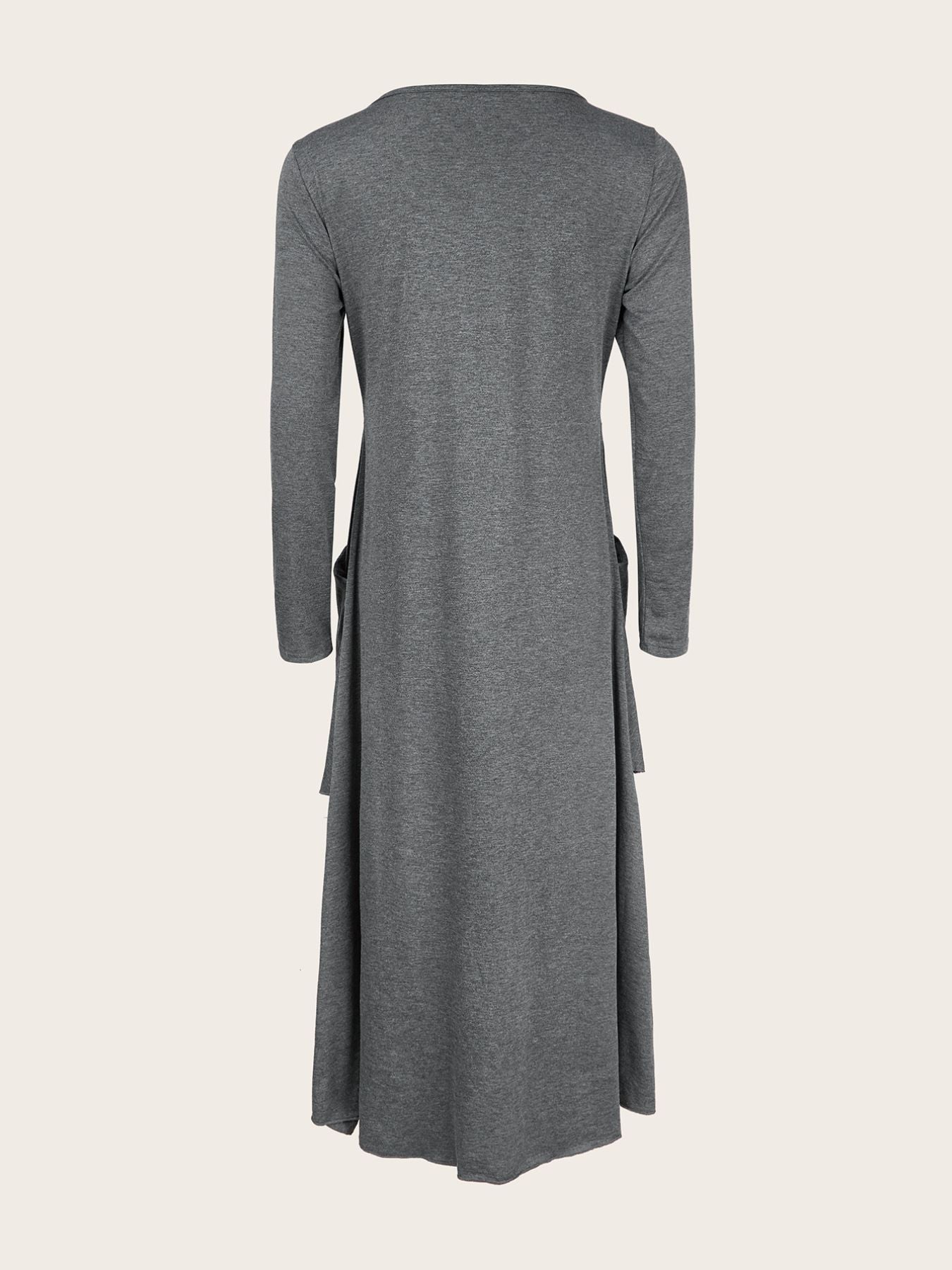 Dark gray midi dress with long sleeves, asymmetrical tiered hem, and pockets.