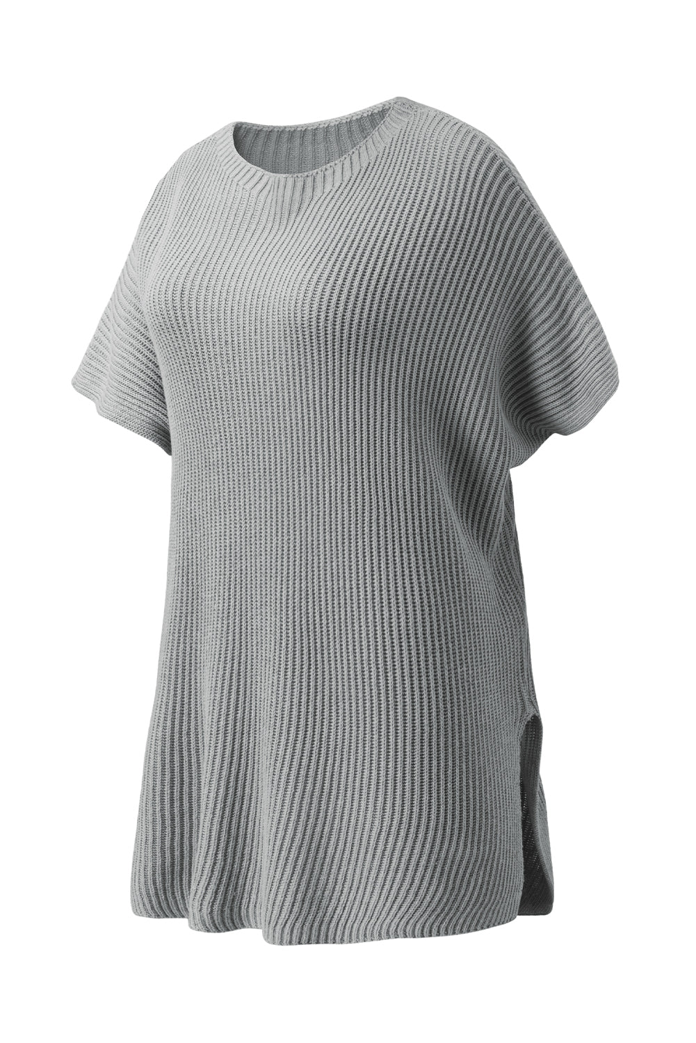 Gray ribbed knit cape sleeve top with side slits