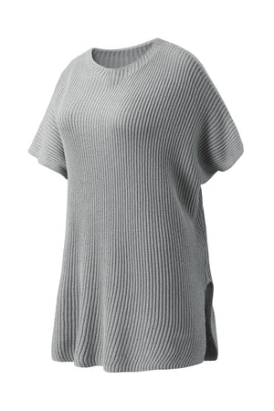 Gray ribbed knit cape sleeve top with side slits