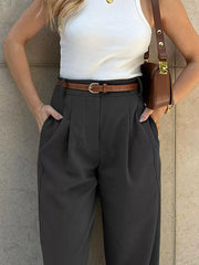 High-waisted Pleated Pants in Brown, close-up detail