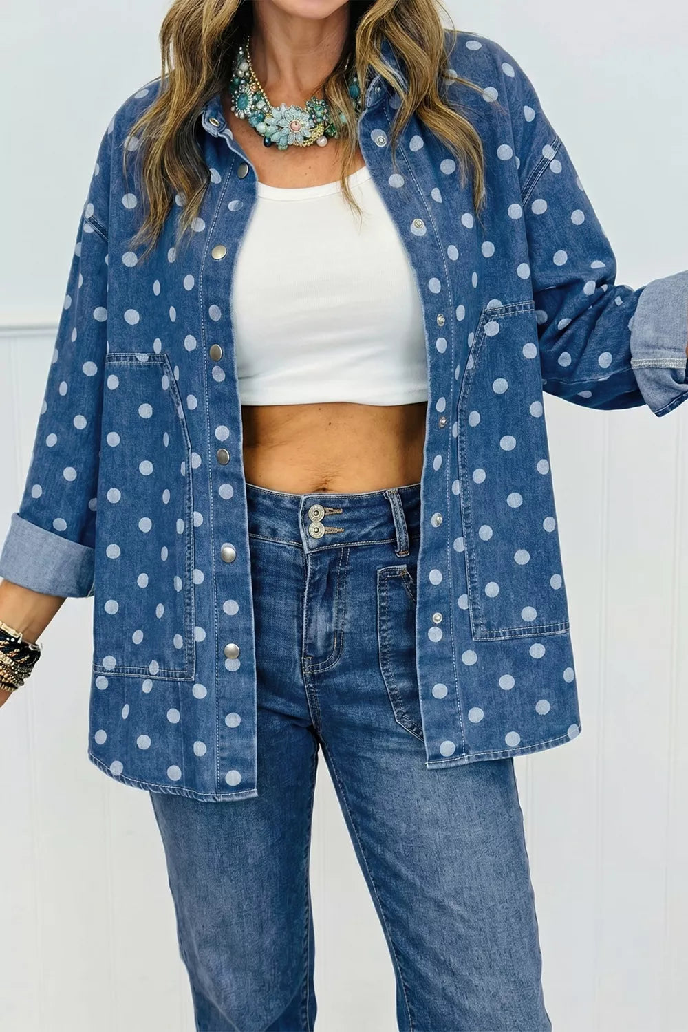 Polka Dot Long Sleeve Collar Shift Tunic Denim Jacket in Dusty Blue, front view