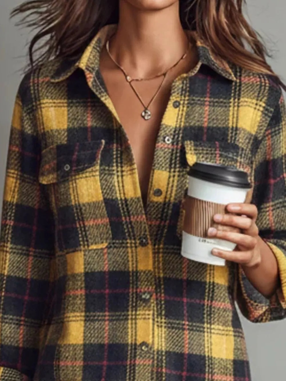 Plaid Shirt Dress With Side Slit in Yellow, close-up detail