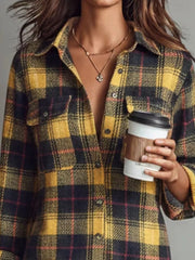 Plaid Shirt Dress With Side Slit in Yellow, close-up detail