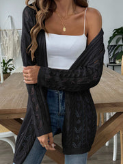 Black openwork diamond knit duster cardigan with long sleeves and open front.