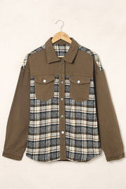 Olive mixed media shacket with plaid front and solid sleeves, featuring a collared neckline and chest pockets.
