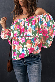 Floral ruffle off-shoulder poet blouse with bell sleeves.