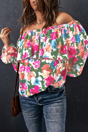 Floral ruffle off-shoulder poet blouse with bell sleeves.