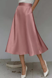 Dusty Pink a-line midi skirt with hidden pockets and a lustrous finish.
