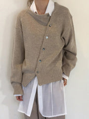 Khaki asymmetric button-up knit cardigan with crew neck and button details.