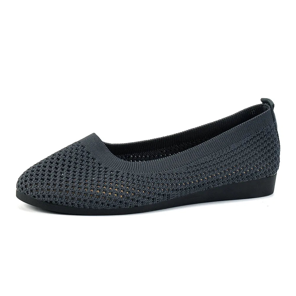 Dark Gray breathable knit ballet flats with a mesh texture and flexible sole.