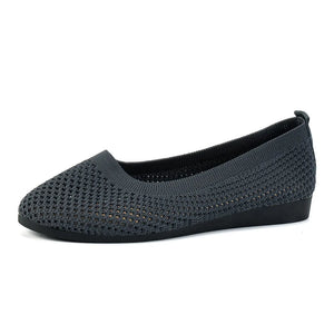 Dark Gray breathable knit ballet flats with a mesh texture and flexible sole.