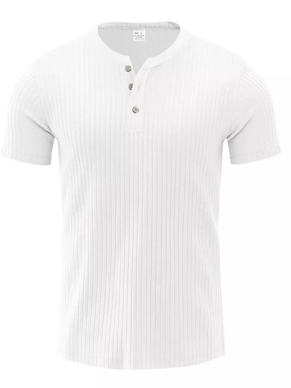 White ribbed henley t-shirt with short sleeves and button placket.