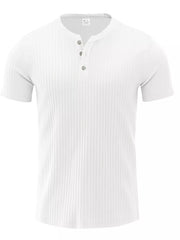 White ribbed henley t-shirt with short sleeves and button placket.
