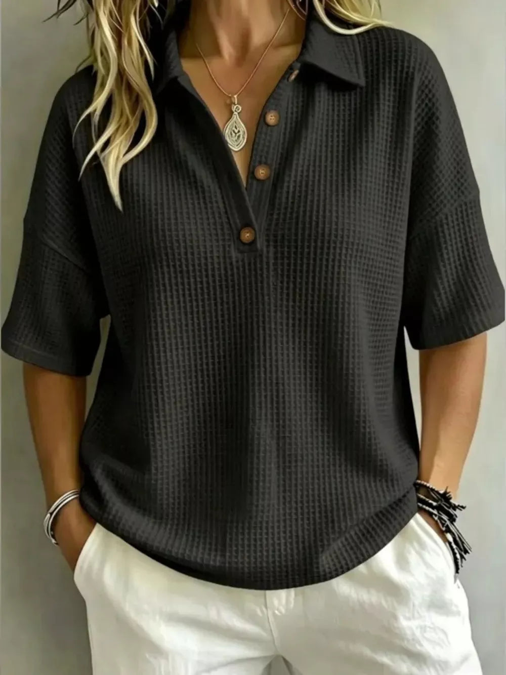 Full Size Waffle Knit Polo Top Plus Size, back view