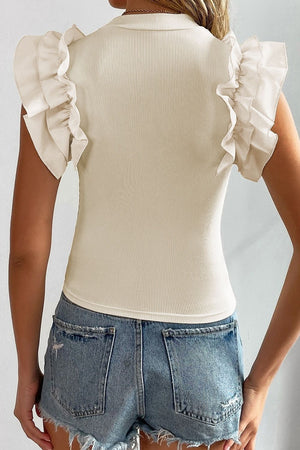 Beige ribbed mock neck top with ruffled short sleeves