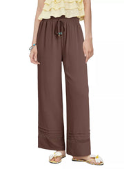Brown wide-leg maternity pants with drawstring and lace trim detail