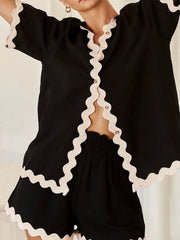 Black loungewear set with scalloped trim and button front top