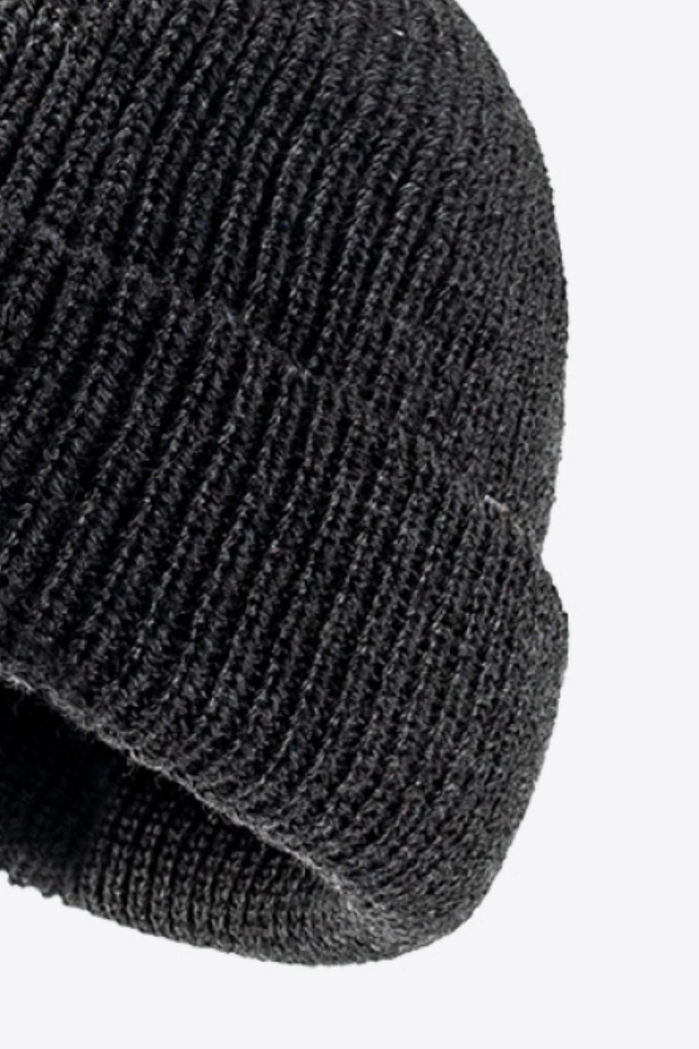 Black ribbed knit beanie with folded edge detail