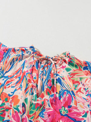 Multicolour Floral Ruffled Sleeve V Neck Blouse in Blush Pink, alternate angle