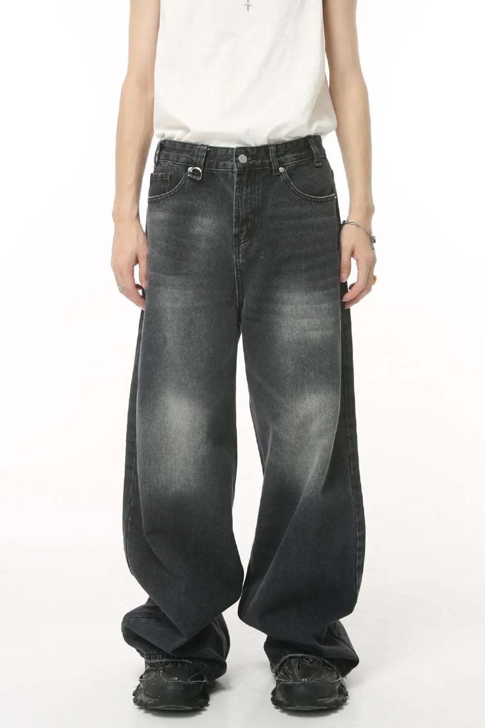 Oversized wash denim jeans in charcoal grey with a baggy fit.