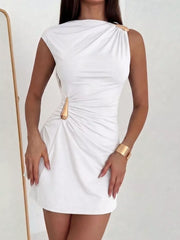 Ruched Asymmetrical Sleeveless Mini Dress in White, view 12