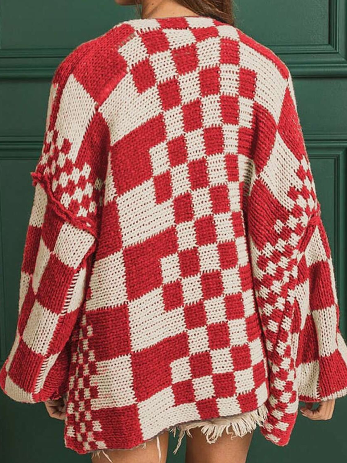 Chic checkered acrylic cardigan in Deep Red and beige with balloon sleeves.