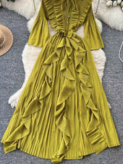 Green Yellow A-line midi dress with cascading ruffles, tie neck, and bell sleeves.