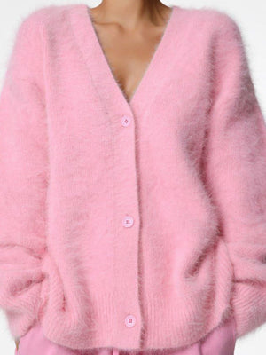 Blush pink angora button cardigan with V-neck and sculpted sleeves.