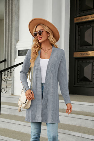 Light blue textured knit open-front duster cardigan with button detail on sleeves