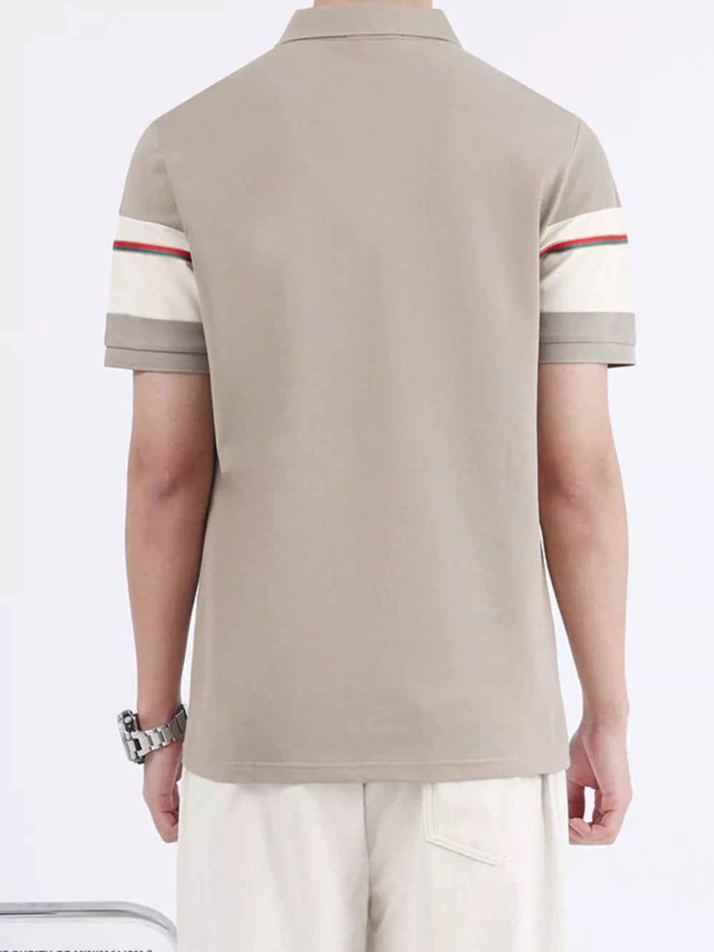 Desert color polo shirt with striped sleeve accents