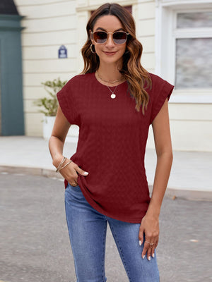 Textured cap-sleeve tee in wine with subtle knit detail.