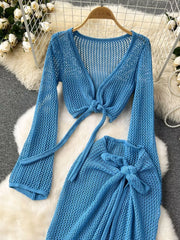 Blue knit crop top with tie front and matching high slit skirt set