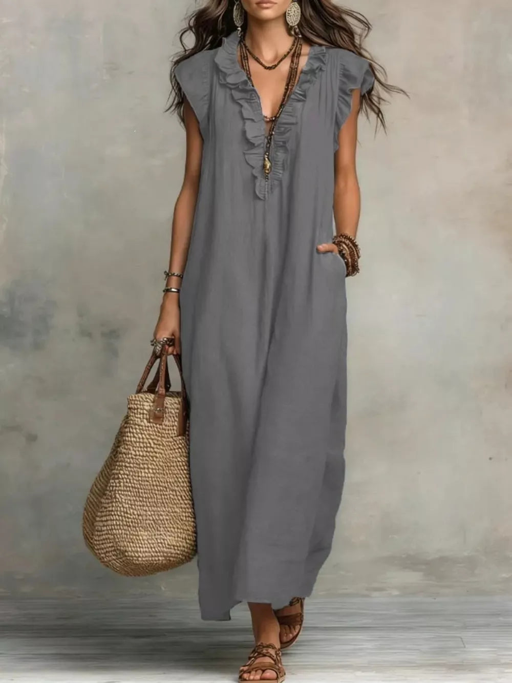 Ruffled V-neck Maxi Dress, editorial view