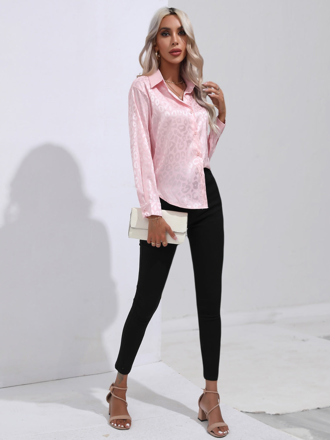 Blush pink satin leopard print tie-front blouse with button-down front