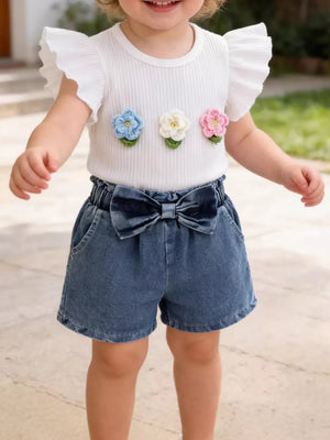 Children's Ruffled Flower Top And Denim Shorts Set in White, front view