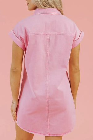 Rolled sleeve denim shirtdress in blush pink with button details.
