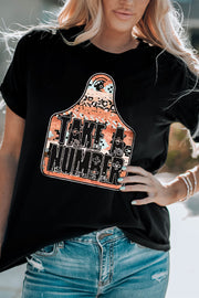 Black graphic tee with Take A Number design on a tag shape