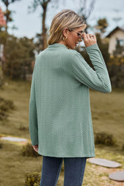 Sage textured knit cardigan with long sleeves and a mock neck, shown from the back.