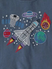 Toddler t-shirt with embroidered space shuttle, planets, and stars.
